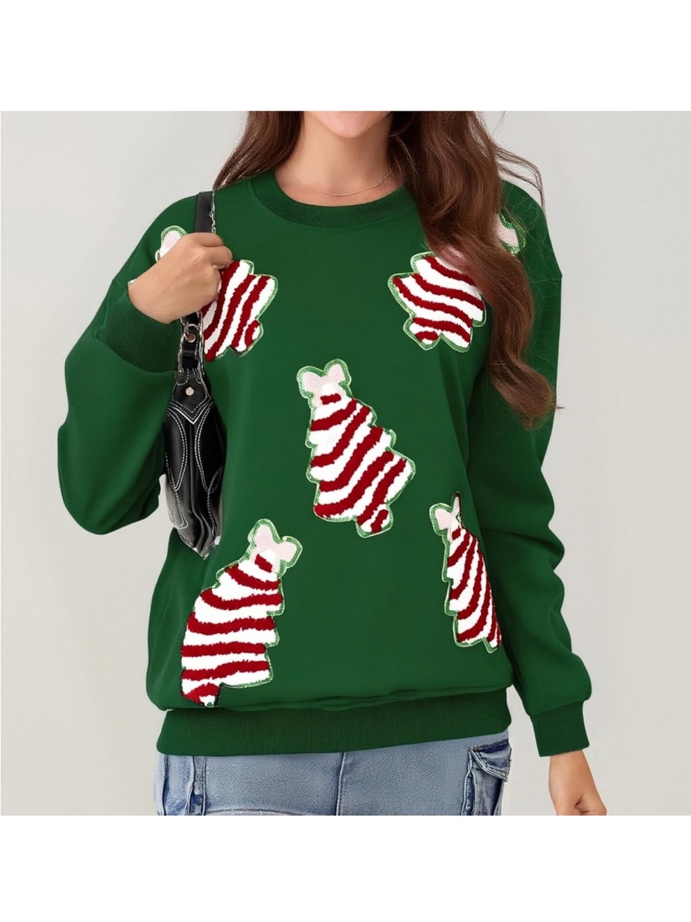 Green sequin Holiday Patch Sweater with Red & White trees